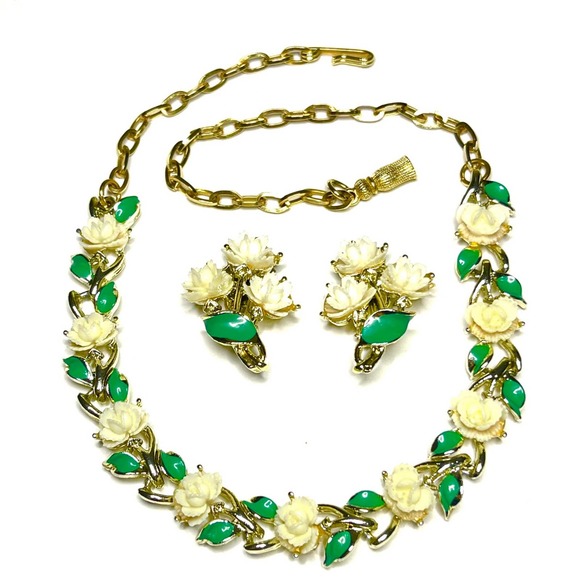 Necklace Earrings Set Cream Green Gold Celluloid Rose Vintage Vtg Jewelry S14 - Picture 1 of 4